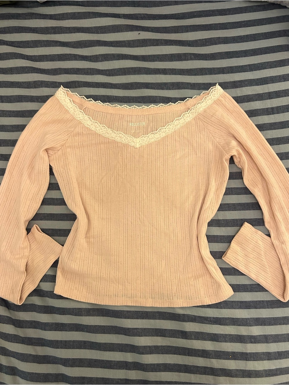 Hollister Blush Pink Off-the-Shoulder Ribbed Sweater with Lace Trim